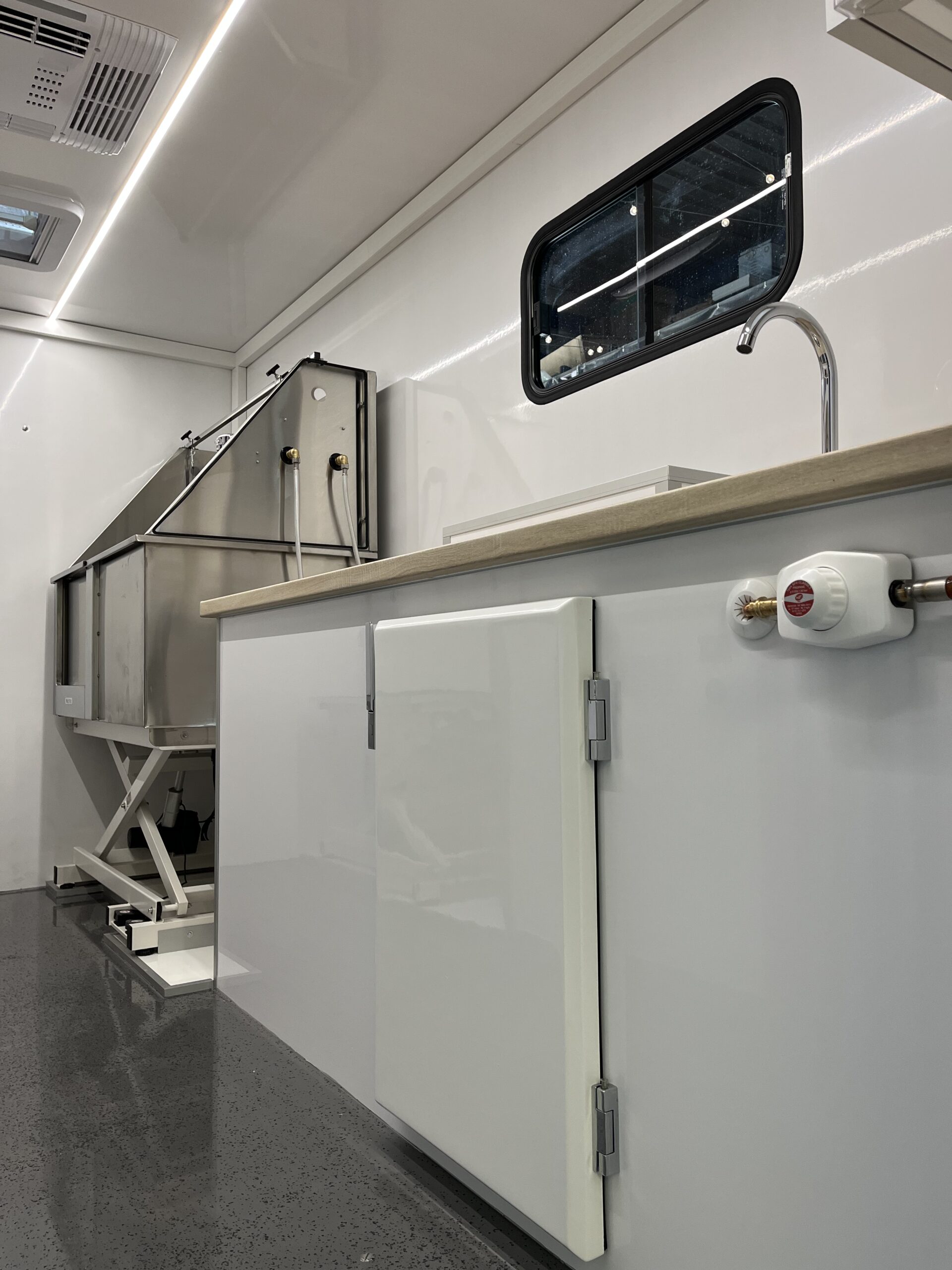 espace de rangement et évier pour salon de toilettage mobile